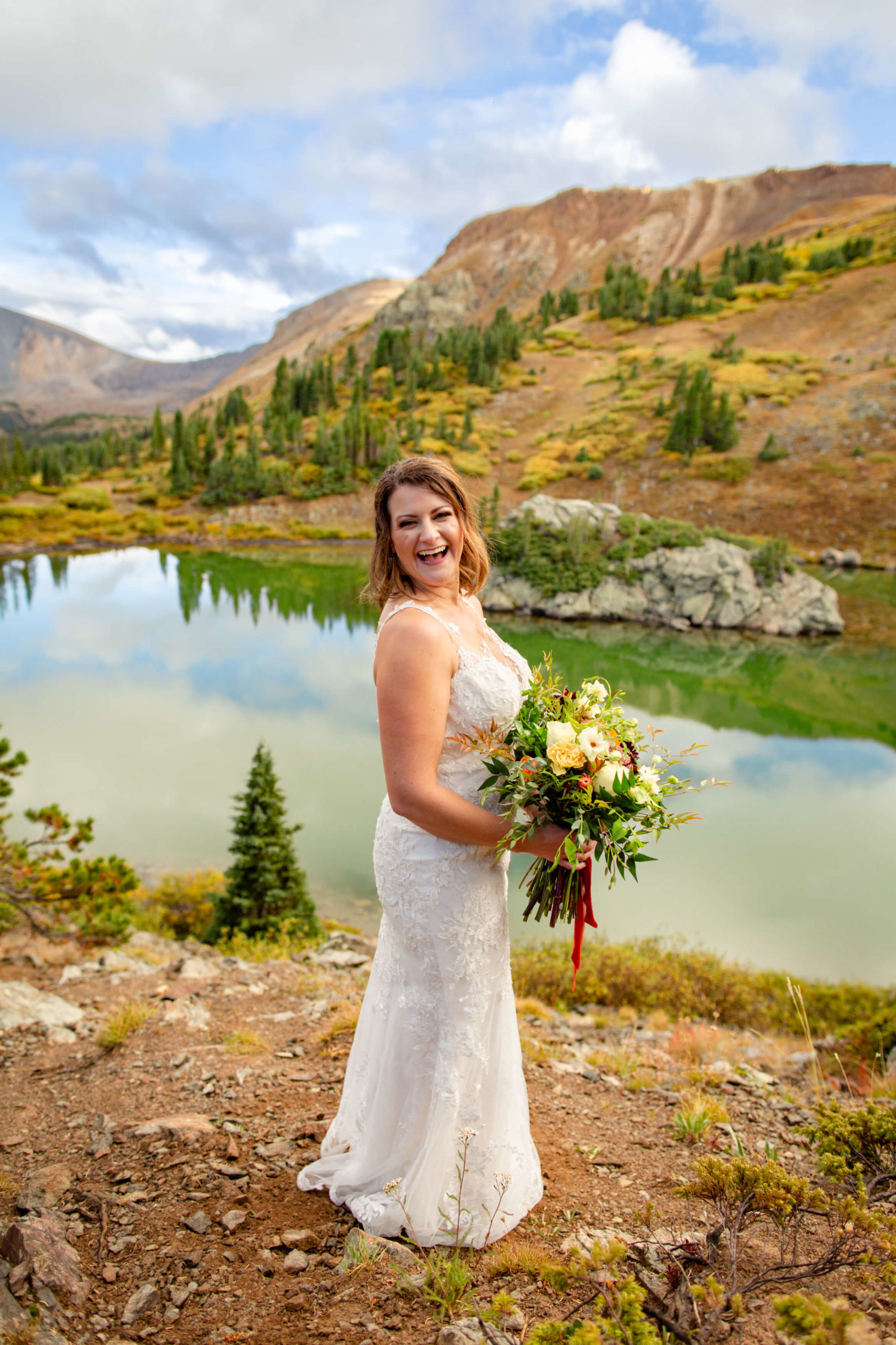portrait of bride in front of mountain views