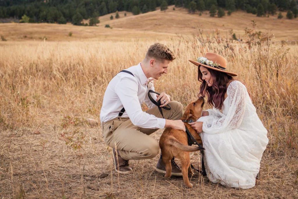 Couple playing with their puppy during their Colorado elopement photo shoot