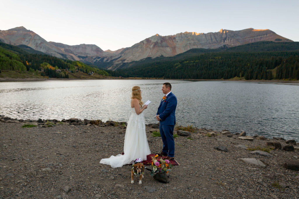 bride and groom reciting their vows at their Telluride sunrise elopement