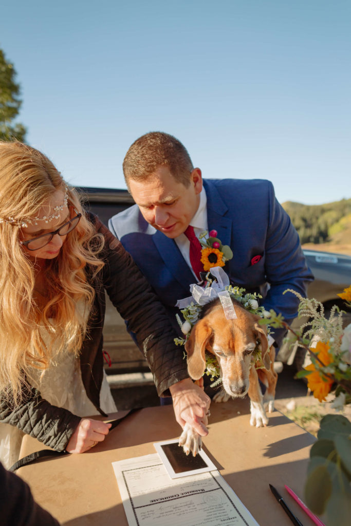 bride and groom helping their flower pup, sign their marriage certificate