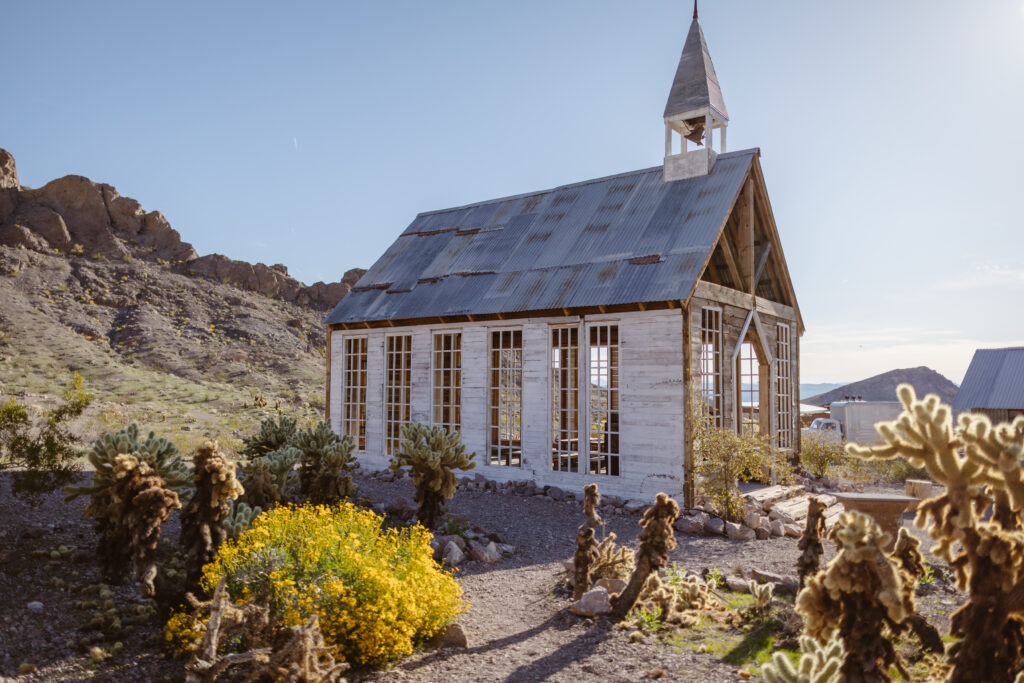 The small wooden church where you can have your wedding at Nelson's Ghost Town.
