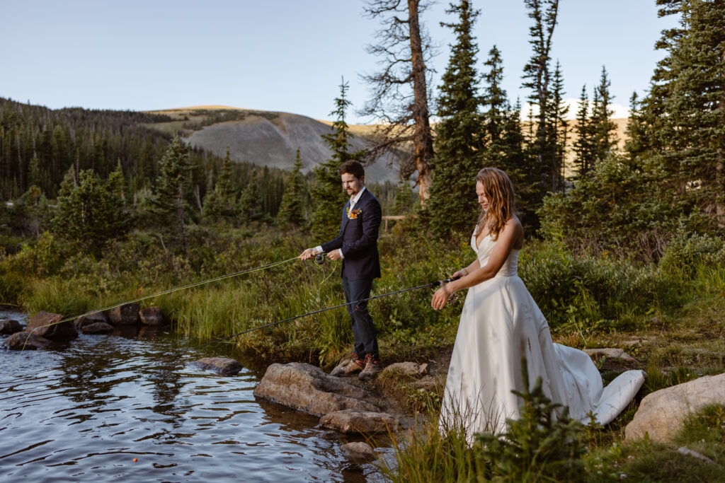 Bride and groom fly fish as an activity during their post wedding adventure session