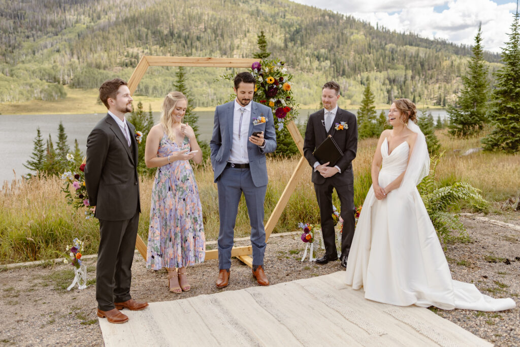 Family and friends share stories during a steamboat springs elopement